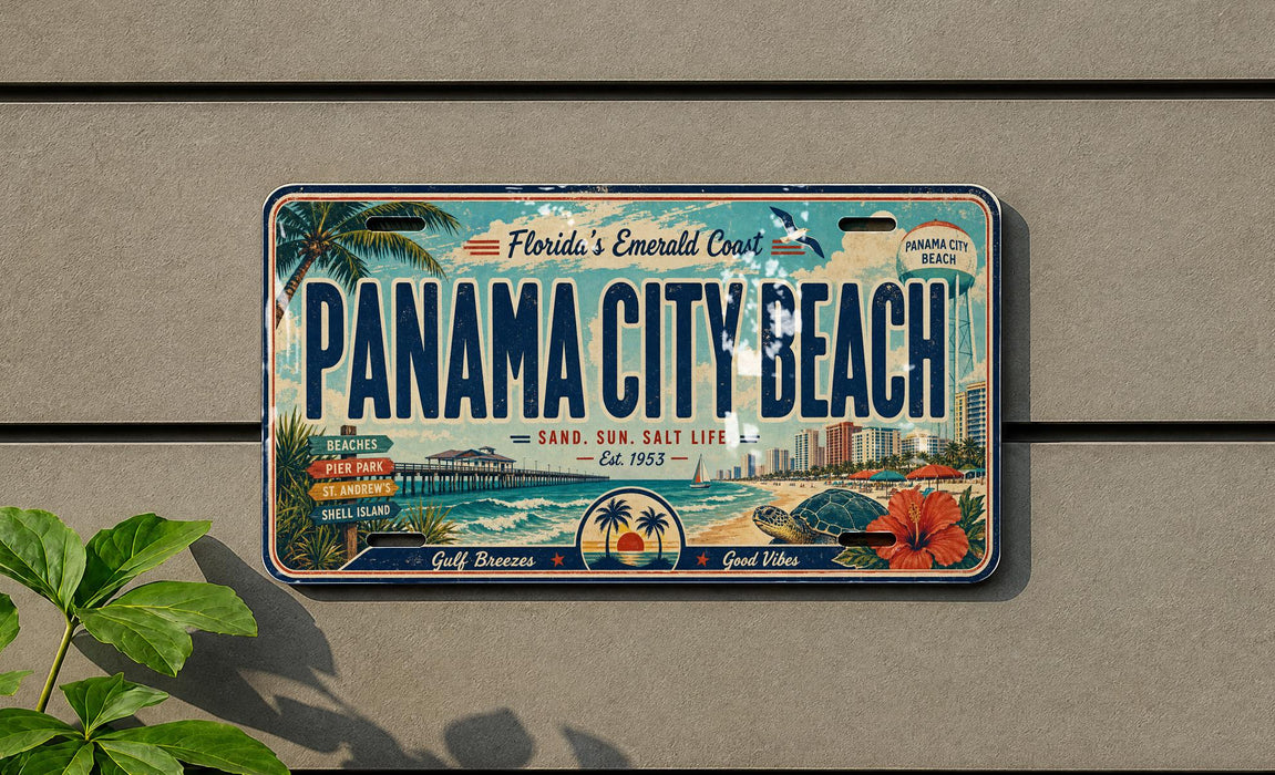 A vintage license plate from Panama City Beach, Florida, featuring a beach scene and palm trees.