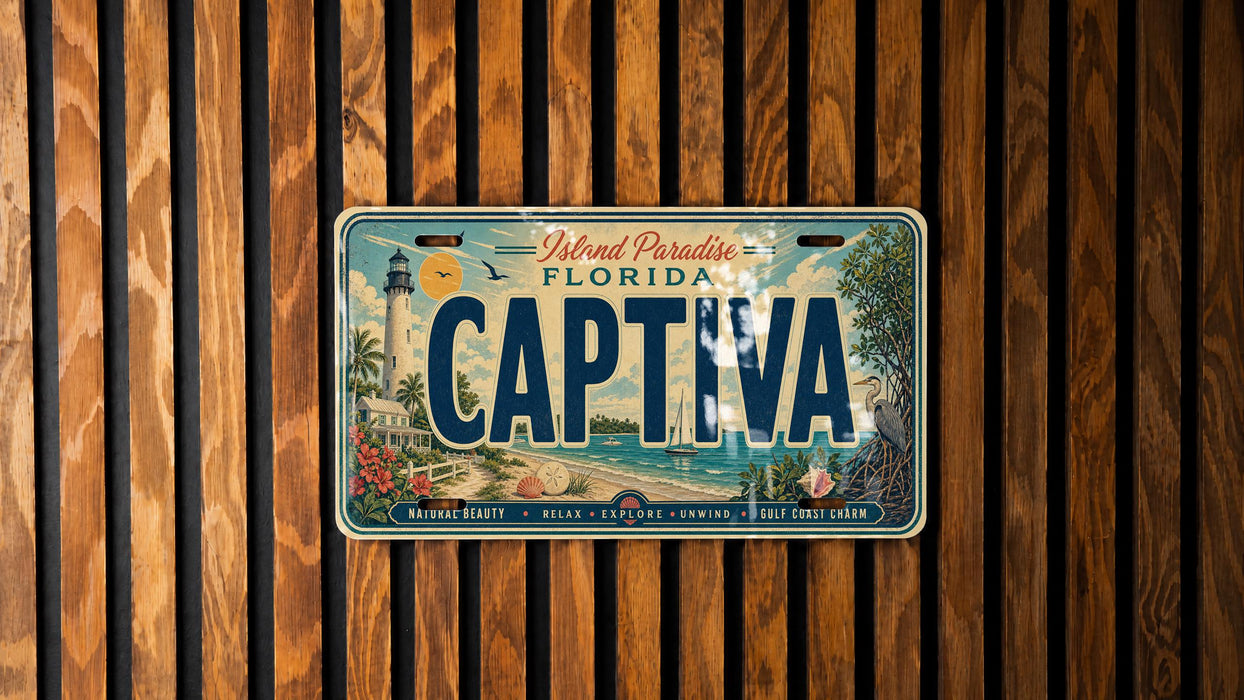 A vintage license plate from Florida, with the word "CAPTIVA" prominently displayed, is mounted on a wooden wall.