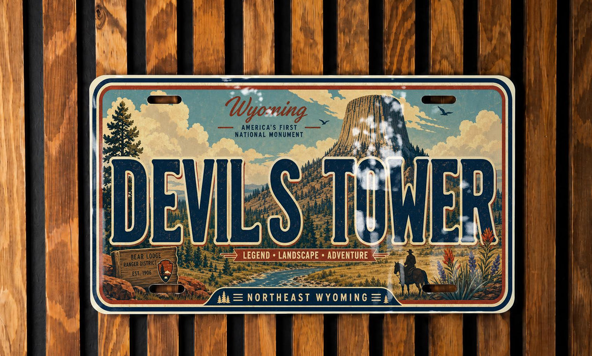 A license plate with the text "Devil Tower" and various scenic elements, including a mountain, trees, and a person on horseback, all set against a wooden background.