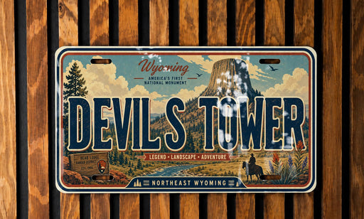 A license plate with the text "Devil Tower" and various scenic elements, including a mountain, trees, and a person on horseback, all set against a wooden background.
