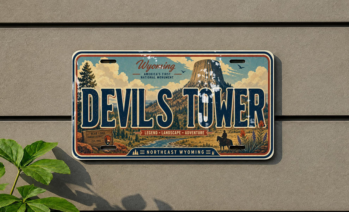 A license plate with the text "Devil's Tower" and a scenic illustration of the famous national monument in Wyoming.