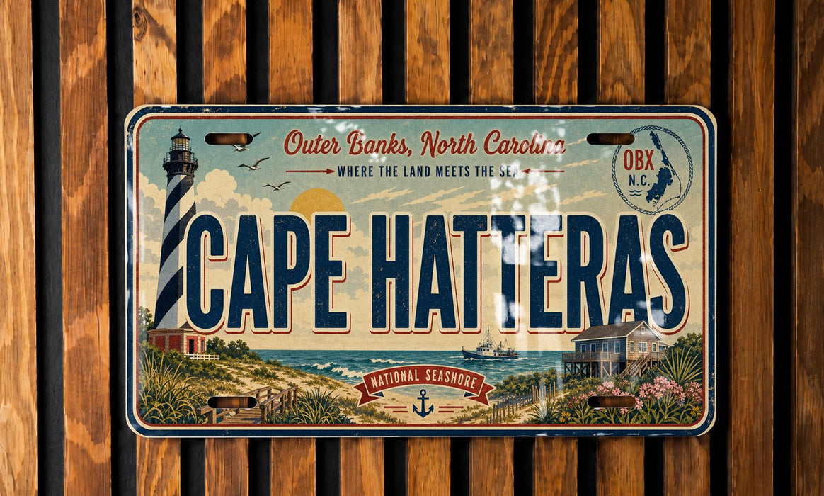 A vintage license plate from Cape Hatteras, North Carolina, featuring a lighthouse and coastal scenery.