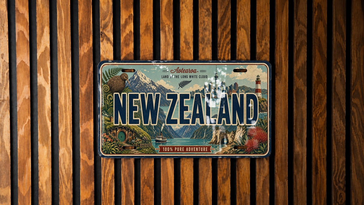 A vintage license plate from New Zealand, featuring a scenic landscape with mountains, a lighthouse, and a boat, is displayed on a wooden wall.