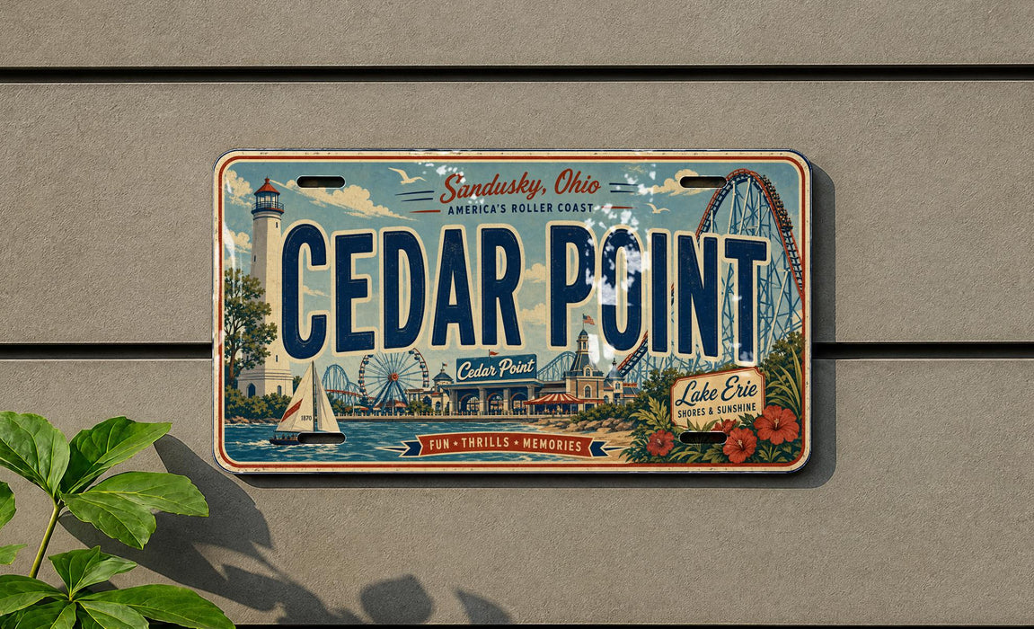 A vintage license plate from Cedar Point amusement park in Sedus, Ohio, featuring a lighthouse, Ferris wheel, and other park attractions.