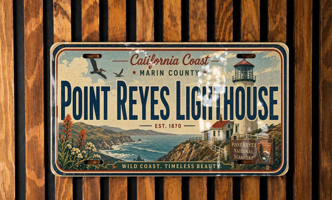 A vintage California Coast lighthouse license plate with a scenic coastal landscape and a bird flying over the lighthouse.
