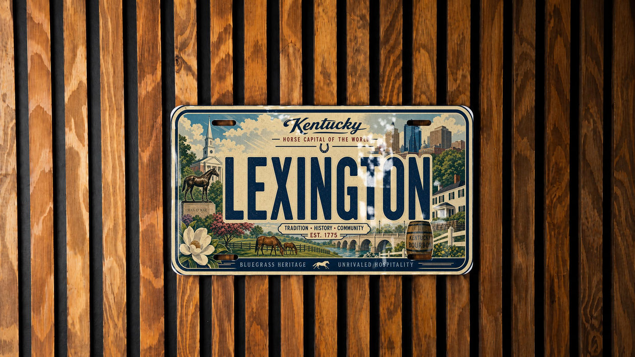 A decorative license plate from Kentucky, featuring illustrations of horses, buildings, and other Kentucky-themed elements.