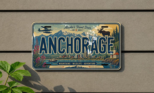 A vintage license plate with the word "ANCHORAGE" prominently displayed, featuring a scenic mountain landscape and a moose.
