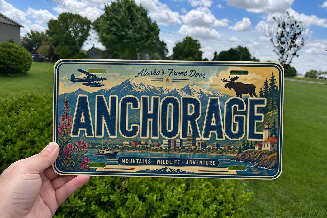 A person is holding a license plate with the word "ANCHORAGE" prominently displayed, featuring a scenic mountain landscape and a moose.