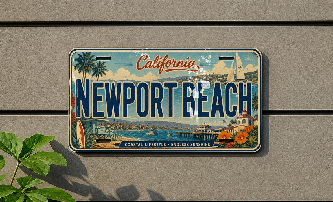 A California license plate with the text "NEWPORT BEACH" and a scenic illustration of the beach and ocean.