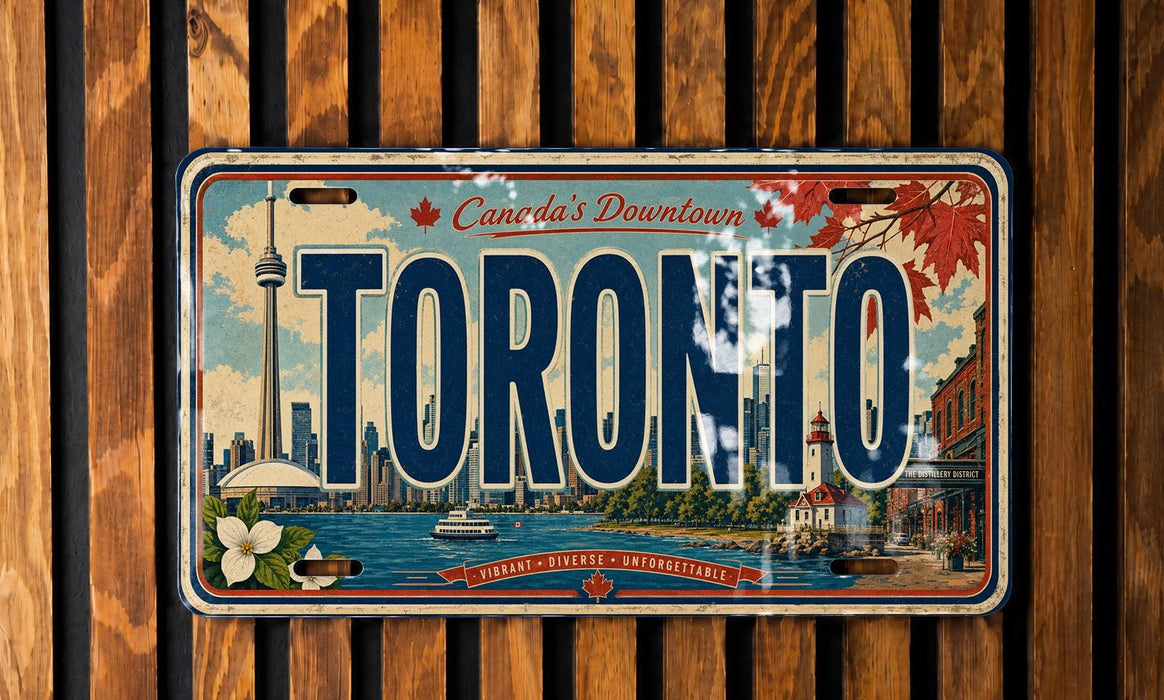 A vintage license plate from Toronto, Canada, featuring a cityscape and iconic landmarks such as the CN Tower.