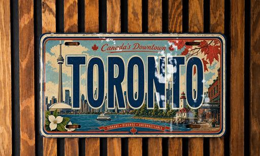 A vintage license plate from Toronto, Canada, featuring a cityscape and iconic landmarks such as the CN Tower.