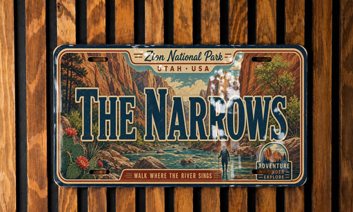 A vintage license plate with a scenic mountain landscape and the text "The Narrows" prominently displayed.