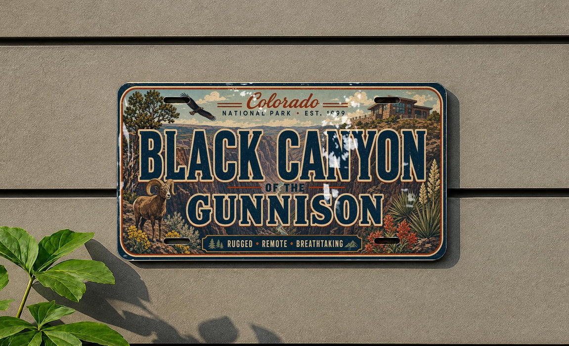 A vintage license plate with the text "Black Canyon of the Gunnison" and a scenic illustration of the area.