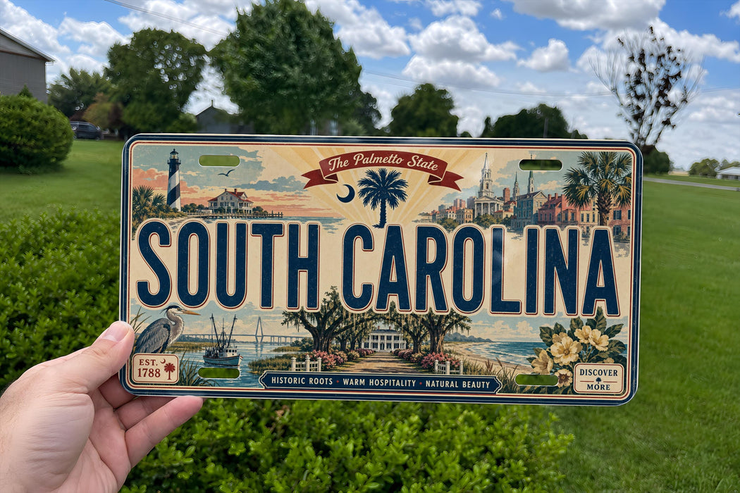 A person is holding a license plate with the text "South Carolina" on it, set against a background of trees and a blue sky.
