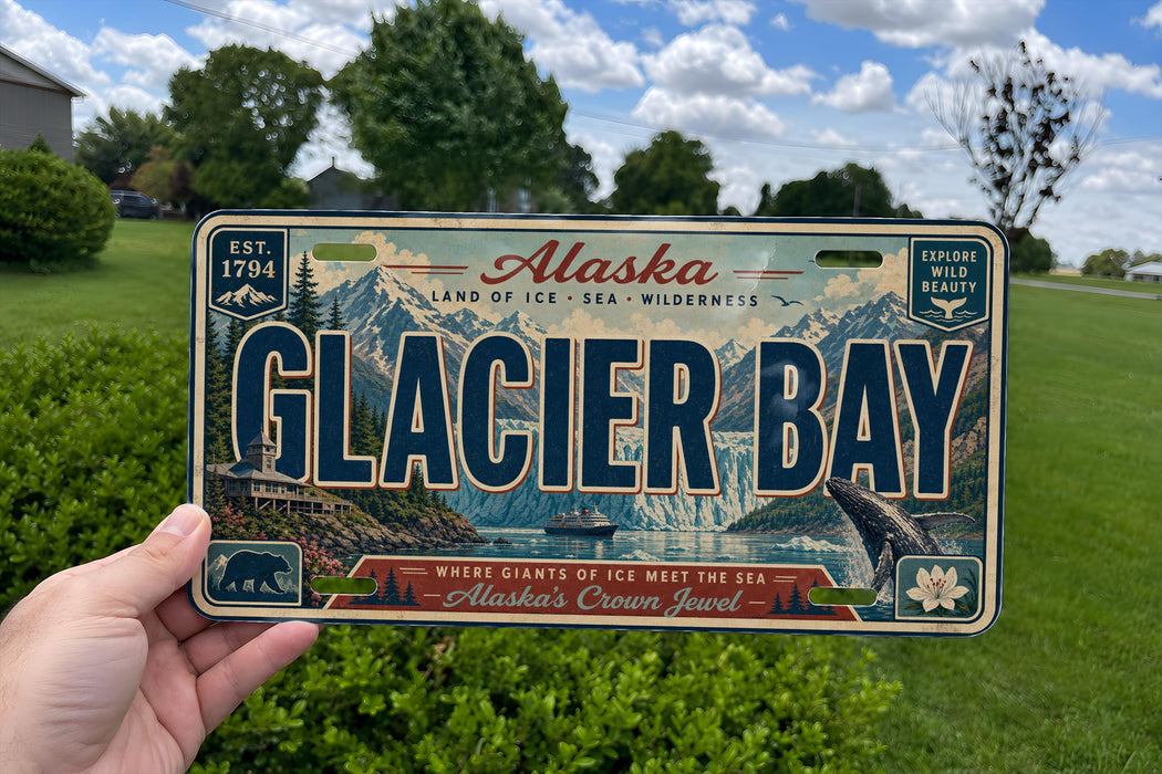 A person is holding a license plate that says "Glacier Bay" in front of a scenic landscape with mountains and a body of water.