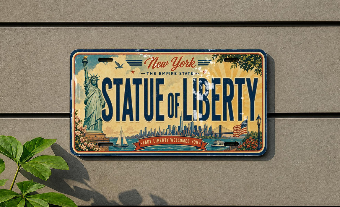 A vintage New York license plate with the text "STATUE OF LIBERTY" and the phrase "LADY LIBERTY WELCOMES YOU" printed on it.