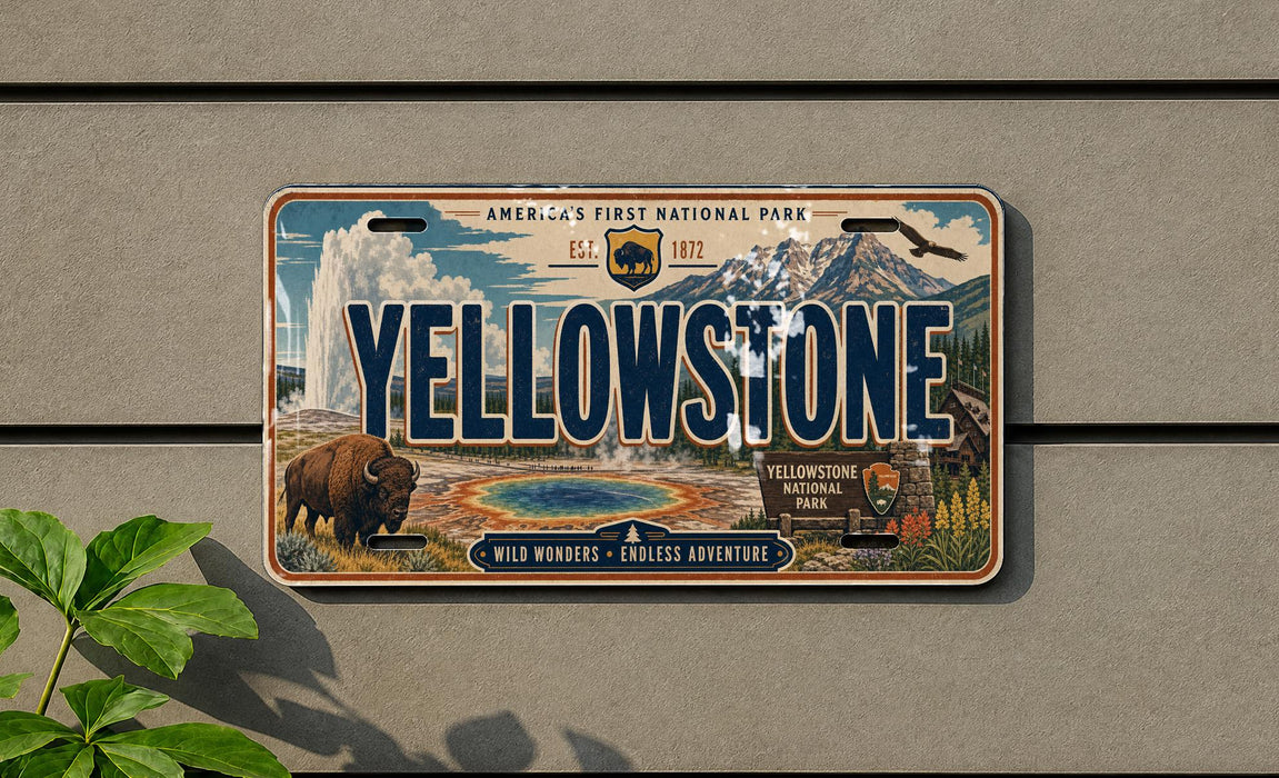 A vintage license plate with the text "Yellowstone" and an illustration of a buffalo, a geyser, and mountains, along with the text "AMERICA'S FIRST NATIONAL PARK" and "Yellowstone National Park".