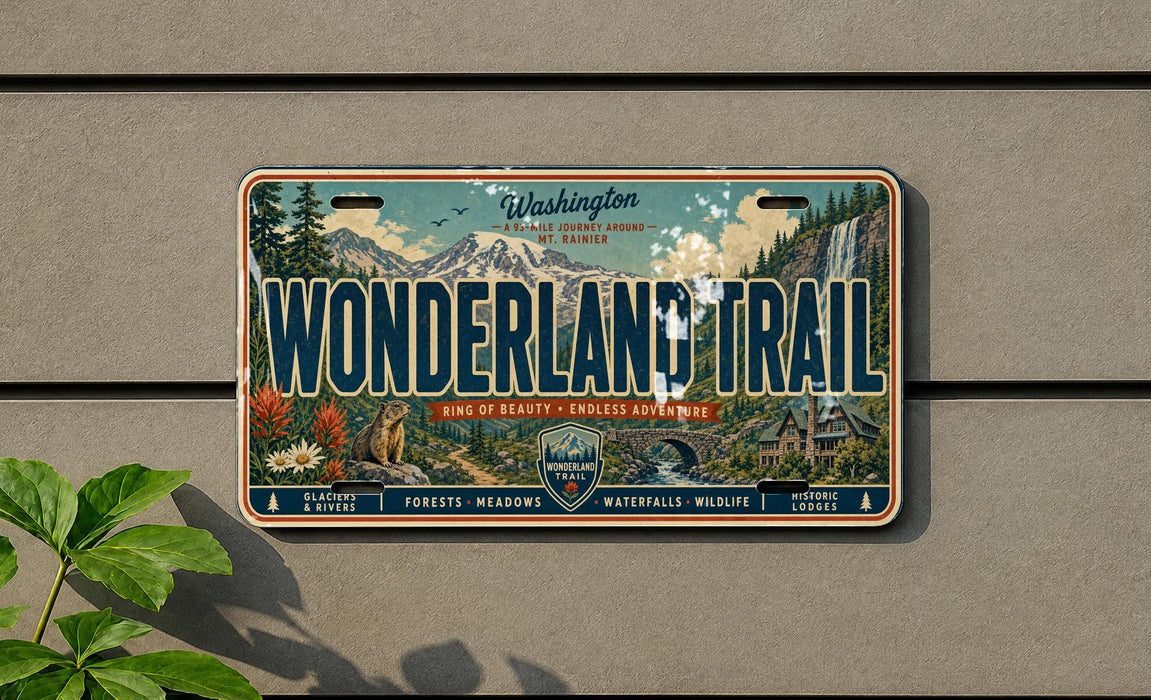 A license plate with a vintage-style design for the Washington Wonderland Trail.