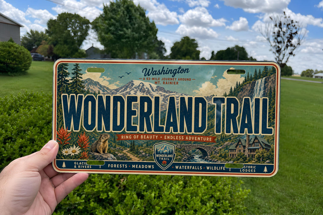 A person is holding a license plate that says "Wonderland Trail" in front of a scenic landscape with mountains, forests, and waterfalls.