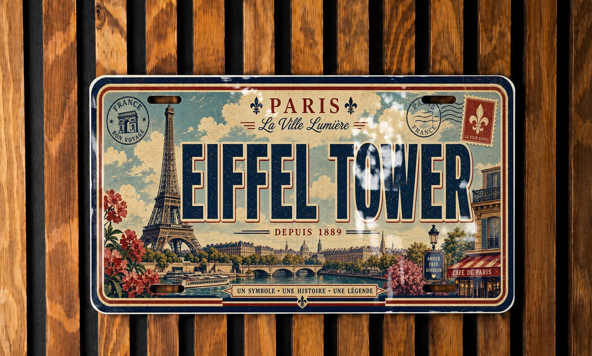 The image is a vintage license plate from Paris, France, featuring the Eiffel Tower and other Parisian landmarks.