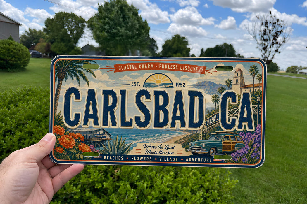 A person is holding a license plate that says "CARLSBAD CA" against a background of a grassy field and trees.