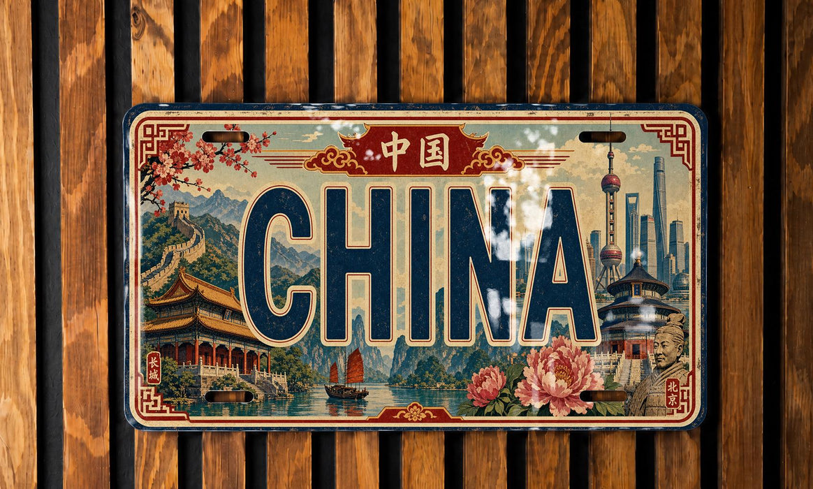 A vintage license plate with the word "CHINA" prominently displayed, featuring various Chinese landmarks and scenery.