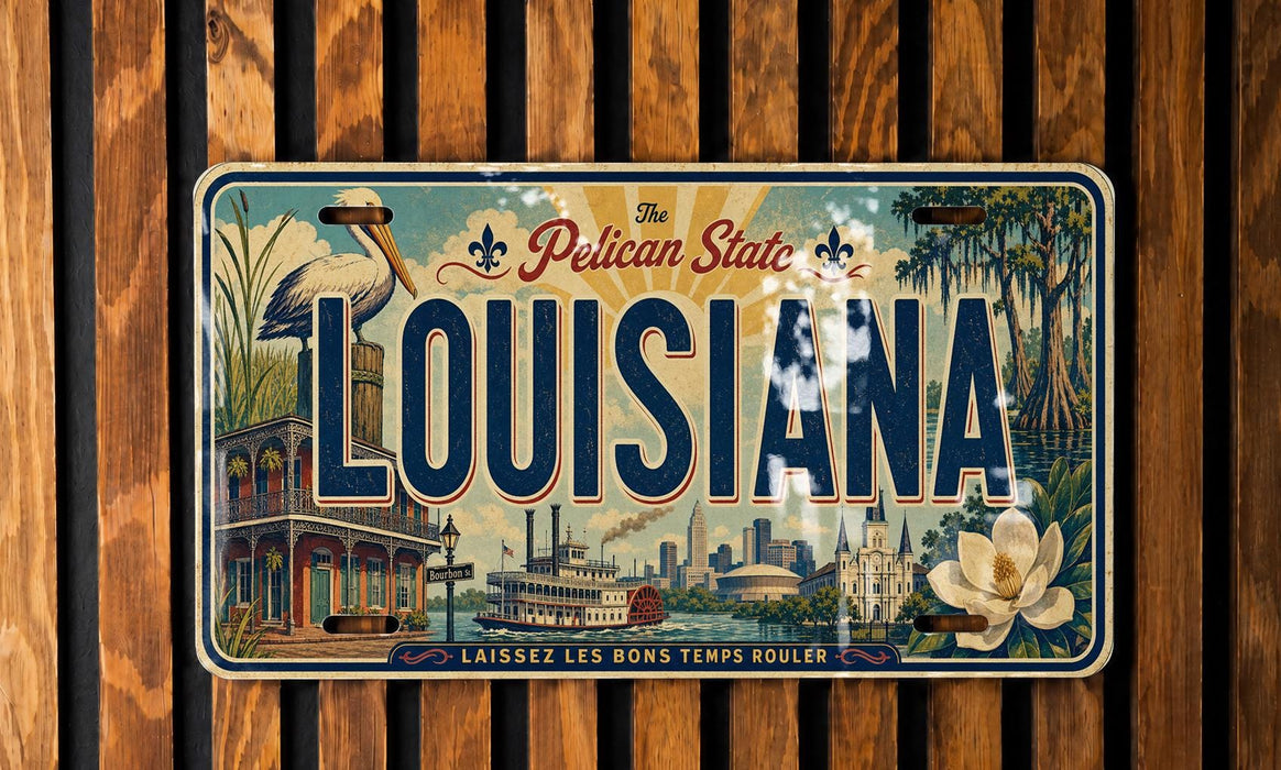 A vintage license plate from Louisiana featuring an illustration of the state's landmarks and scenery.