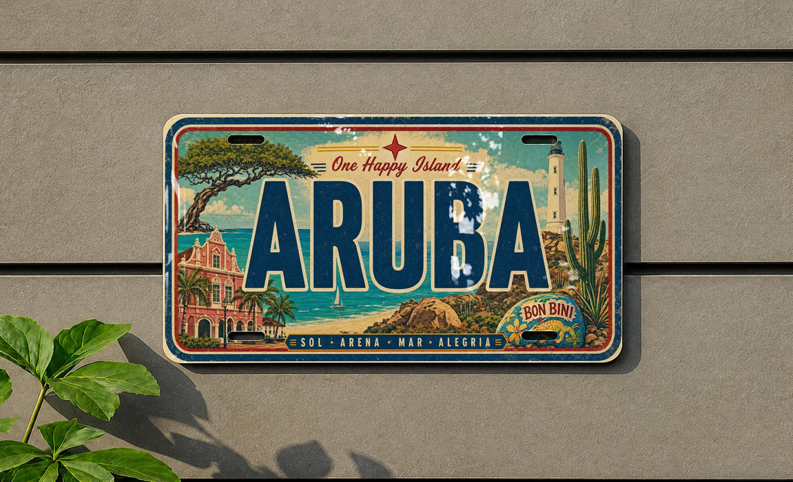 A vintage license plate from Aruba, featuring a colorful illustration of the island's landmarks and scenery.