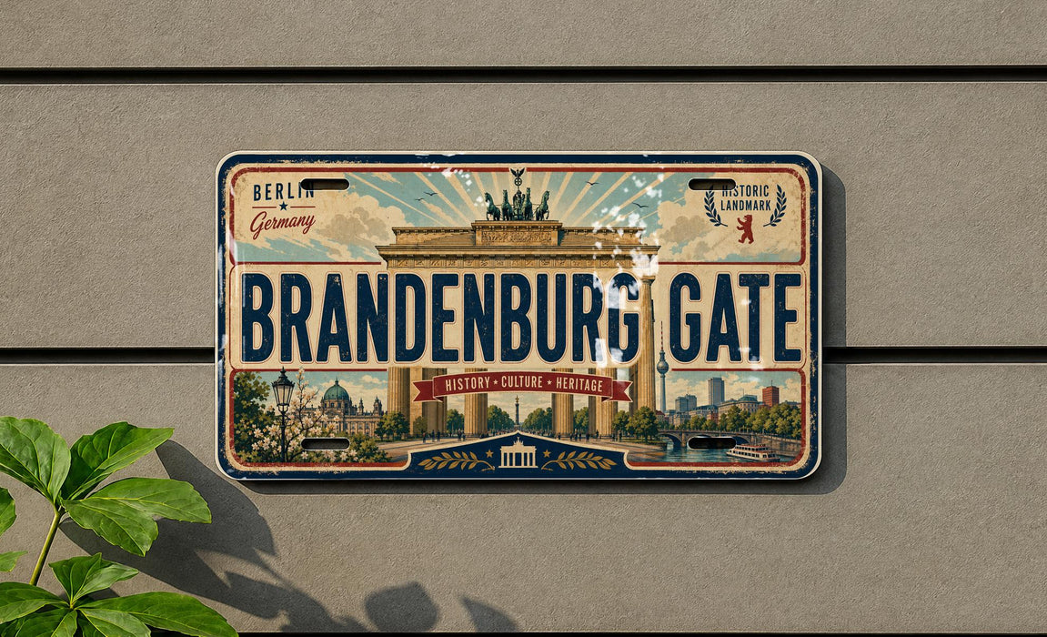 A vintage-style license plate with the text "Brandenburg Gate" and "Berlin Germany" printed on it, mounted on a wall.