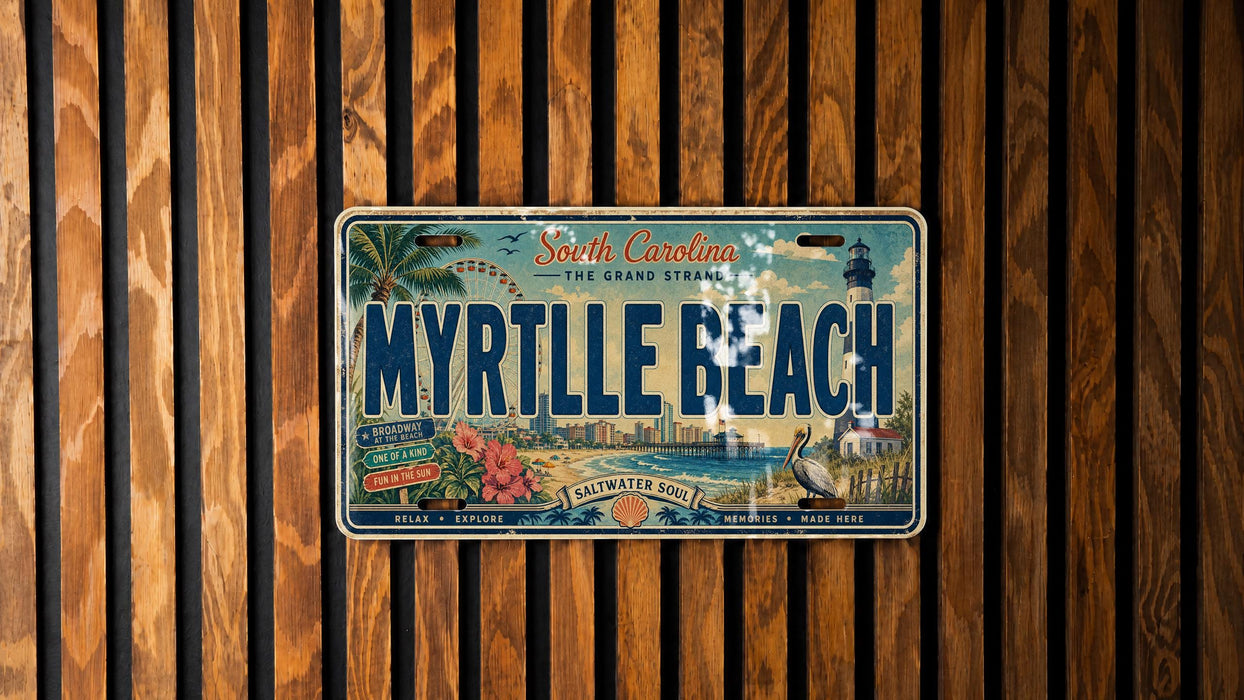 A vintage license plate from Myrtle Beach, South Carolina, with a colorful illustration of the beach and surrounding area.