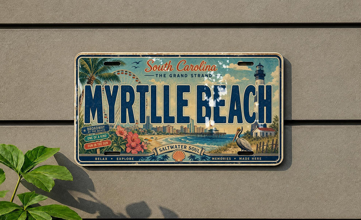 A license plate with the text "South Carolina The Grand Strand" and "MYRTILLE BEACH" printed on it, along with various decorative elements such as a lighthouse, palm trees, and a beach scene.