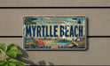 A license plate with the text "South Carolina The Grand Strand" and "MYRTILLE BEACH" printed on it, along with various decorative elements such as a lighthouse, palm trees, and a beach scene.