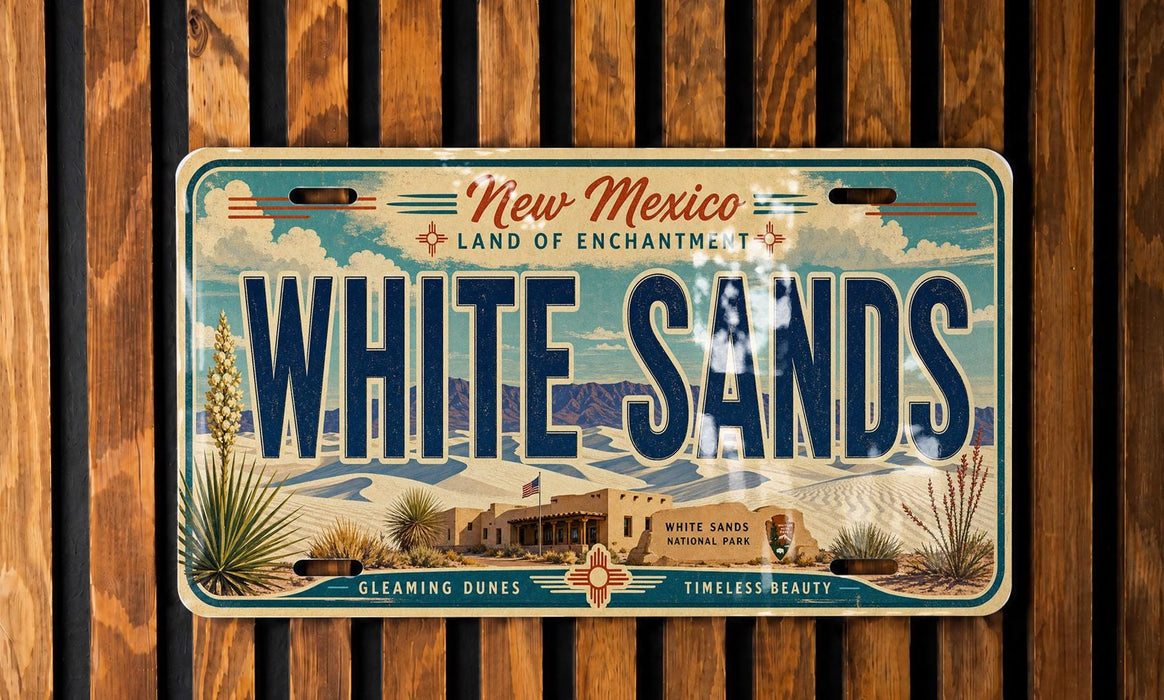A vintage-style license plate from New Mexico, featuring the text "WHITE SAND" and the state's name.