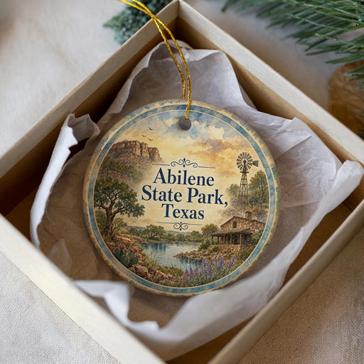 A decorative ornament in a box, featuring a scenic landscape with a windmill and a house, with the text "Abilene State Park, Texas" printed on it.