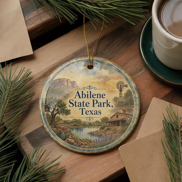 A decorative ornament with a scenic landscape of Abilene State Park, Texas, featuring a windmill and a river, is displayed on a wooden surface alongside a cup of coffee and some pine branches.