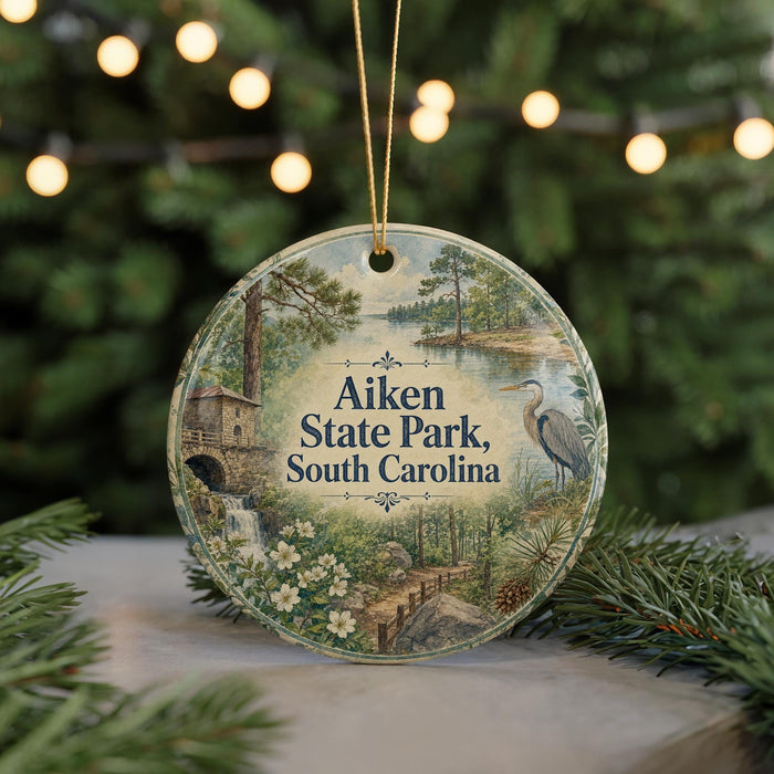 A decorative ornament featuring a scenic landscape with a bird, trees, and a waterfall, hanging from a string.