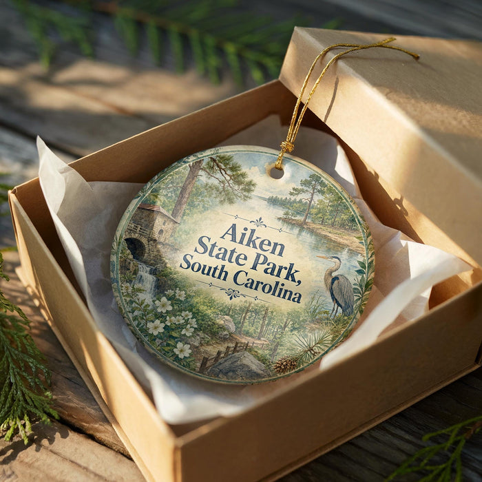 A decorative ornament in a brown box, featuring a scenic landscape with a bird and trees, with the text "Aiken State Park, South Carolina" printed on it.
