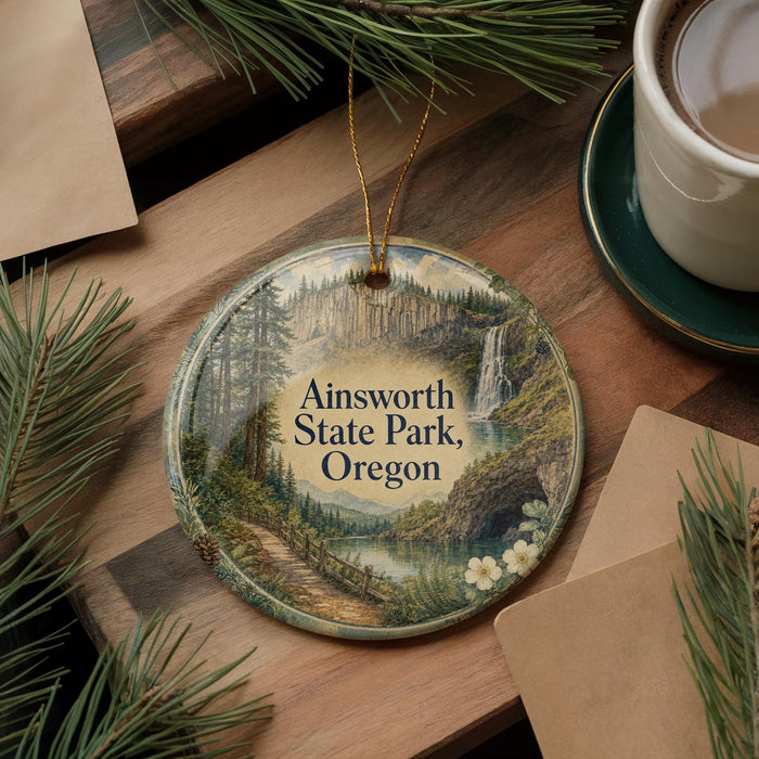A decorative ornament featuring a scenic landscape of Ainsworth State Park, Oregon, with a waterfall and forest in the background.