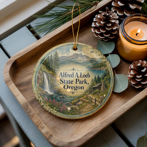 A wooden tray with a decorative ornament featuring a scenic landscape of Alfred A. Loeb State Park, Oregon, along with pine cones and a lit candle.
