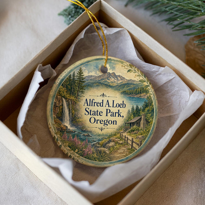 A round ornament with a scenic landscape of a waterfall, mountains, and a cabin, placed in a white box with a gold string.