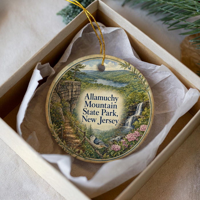 A decorative ornament in a box, featuring a scenic landscape with a waterfall, surrounded by greenery and flowers.