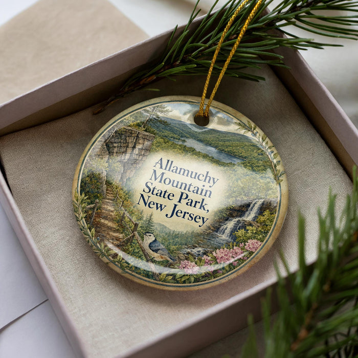 A decorative ornament in a box, featuring a scenic landscape with a waterfall and greenery.