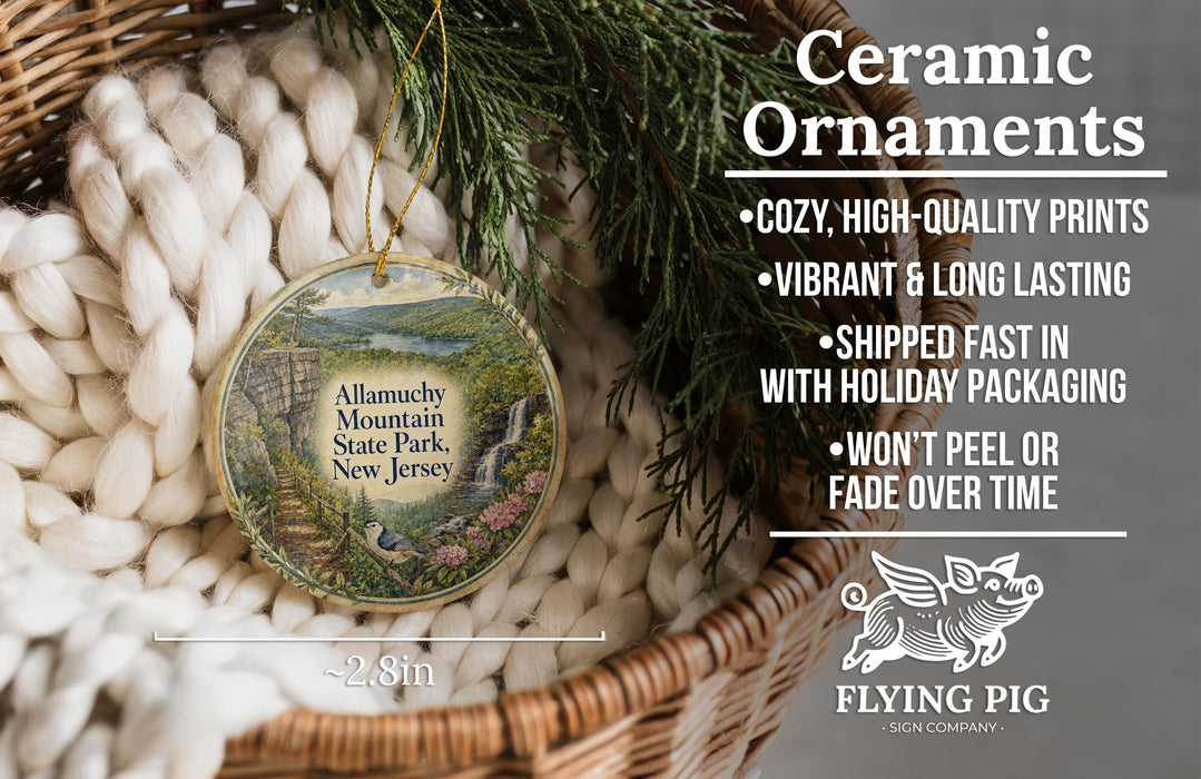 Ceramic ornaments, featuring a detailed image of Allamuchy Mountain State Park, New Jersey, hanging from a wicker basket.