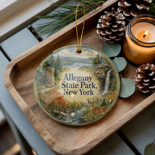 A decorative ornament featuring a scenic landscape of Allegany State Park, New York, with a deer and a waterfall, placed on a wooden tray alongside pine cones and a lit candle.
