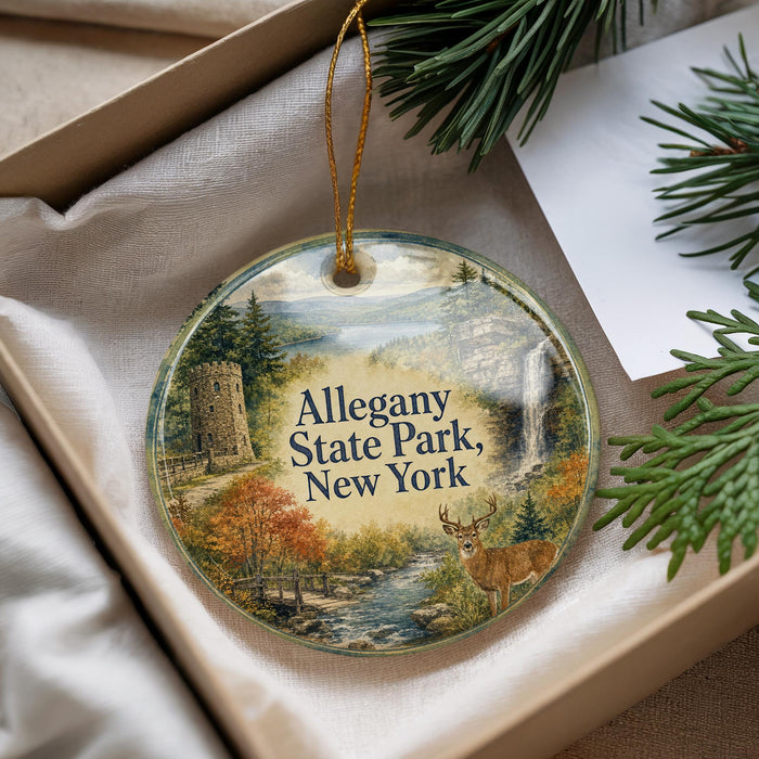A decorative ornament with a scenic landscape of Allegany State Park, New York, featuring a deer in the foreground and a stone tower in the background.