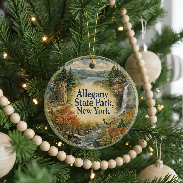 A round ornament hanging on a Christmas tree, featuring a scenic image of the Allegheny State Park in New York.