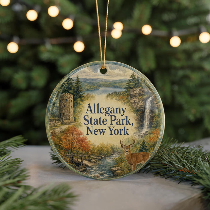 A round ornament with a scenic image of Allegheny State Park, New York, featuring a waterfall, trees, and a deer.