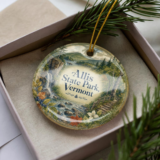 A decorative ornament in a box, featuring a scenic landscape with a waterfall and pine trees.