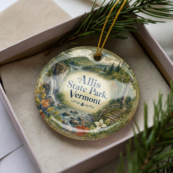 A decorative ornament in a box, featuring a scenic landscape with a waterfall and pine trees.
