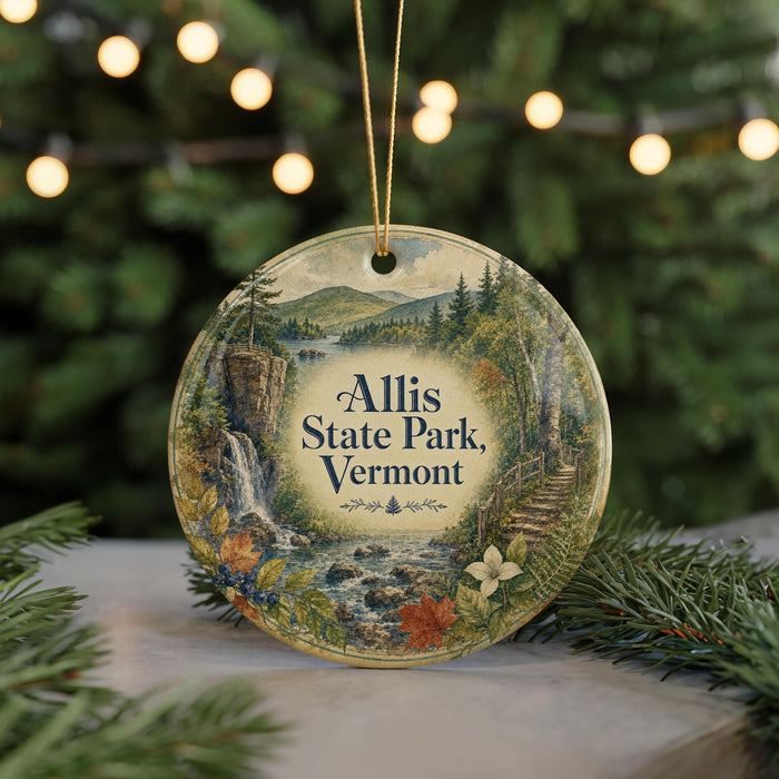A round ornament with a scenic landscape of Allis State Park, Vermont, featuring a waterfall, forest, and mountains.